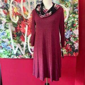 AGB Burgundy 3/4 Sleeve Dress with Plaid Scarf